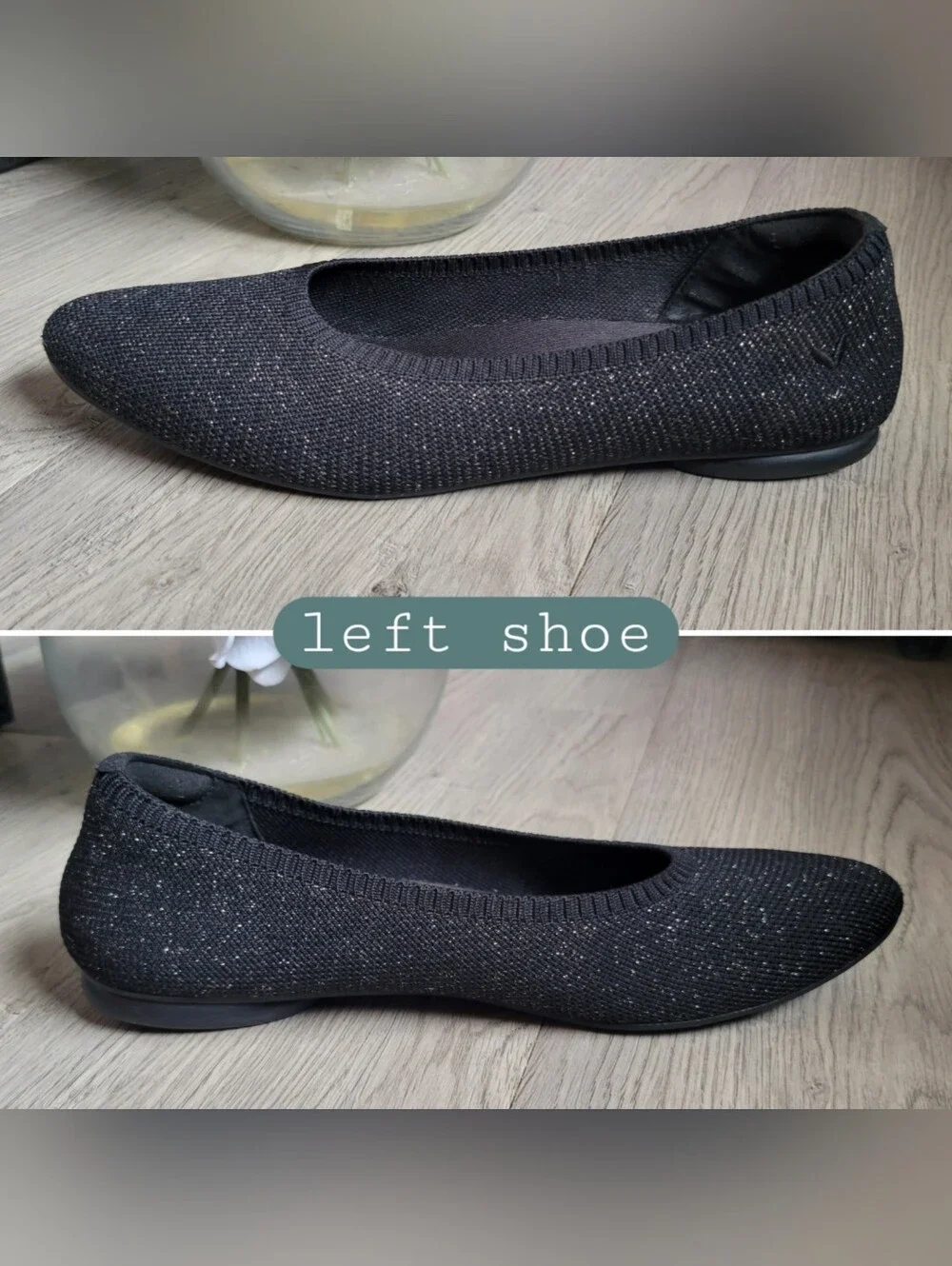 Vivaia Claire Round Toe Black Metallic Shimmer Ballet Flats, Women US 6.5 EU 37